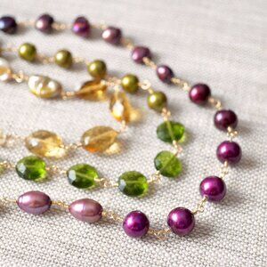 Long Olive Green and Plum Gemstone and Pearl Necklace in Gold